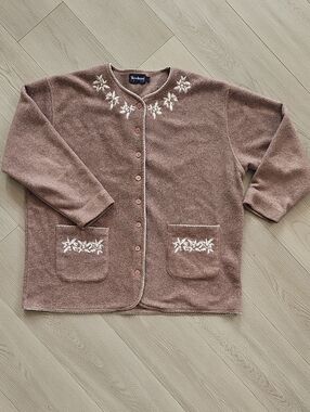 Vintage Christmas Winter Embroidered Fleece Cardigan Sweater, Lrg